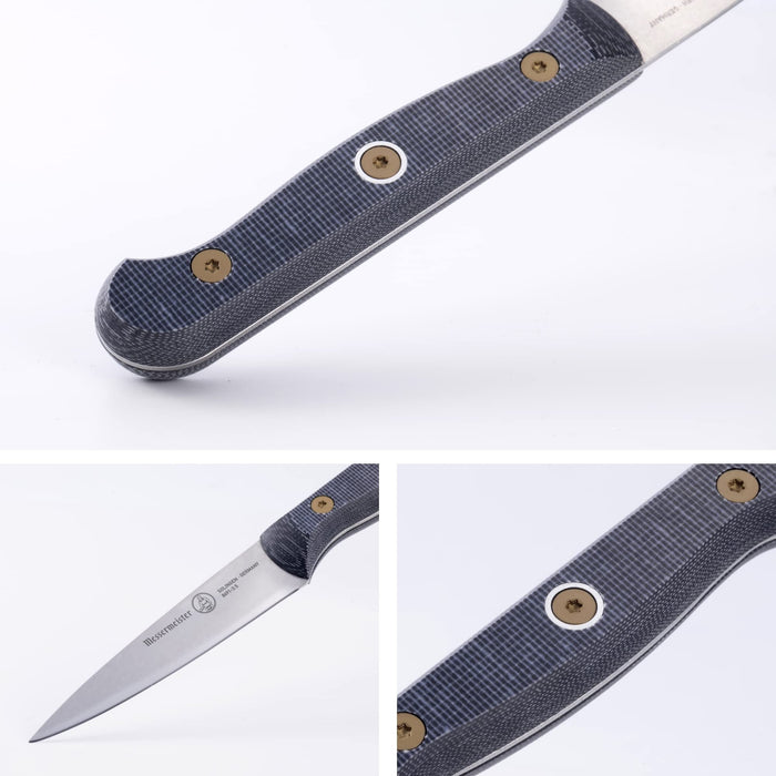 Three pictures of knife blade, knife handle, and knife hilt displayed on a white background
