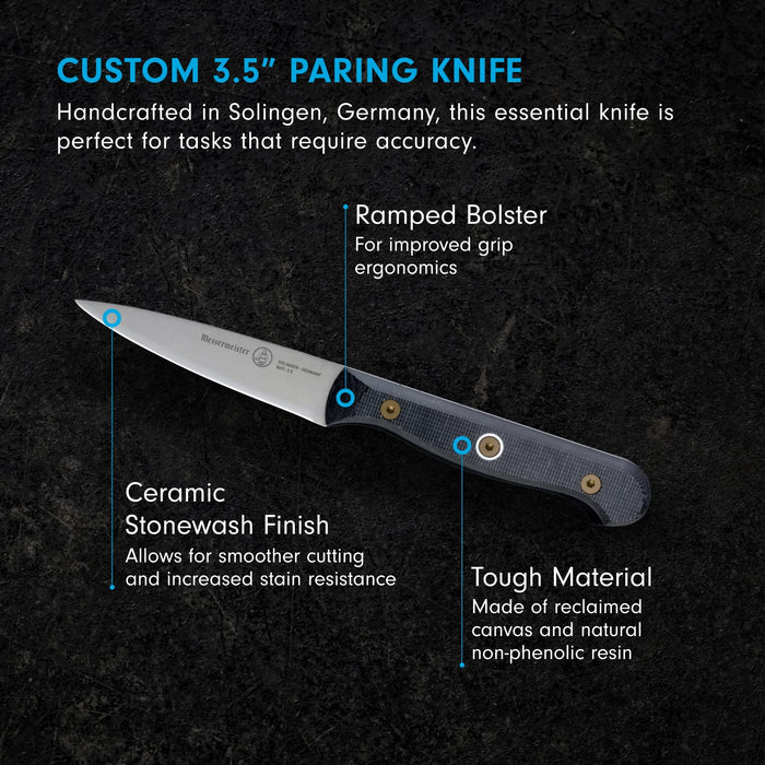 3.5 inch paring knife with description displayed on a black background