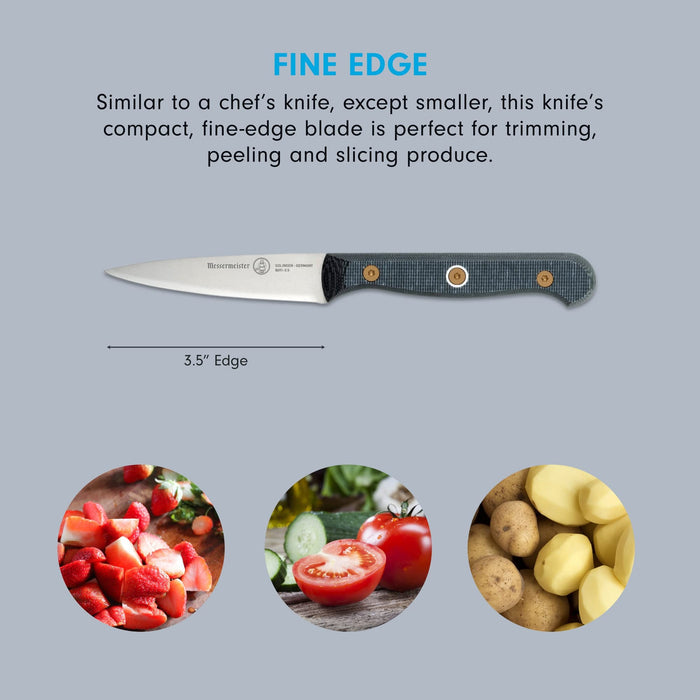3.5 inch paring knife with description of fine edge and pictures of food displayed on a grey background
