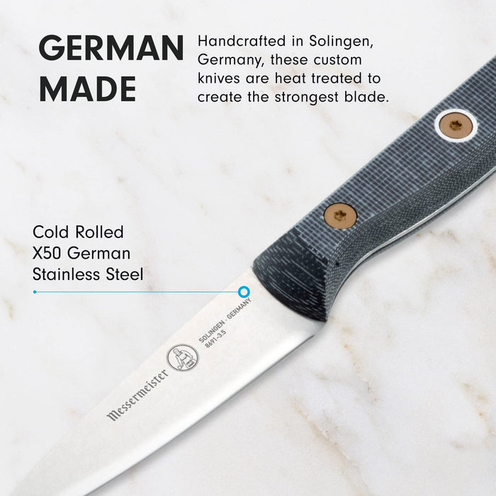 3.5 inch paring knife with description of being German made displayed on a marble surface