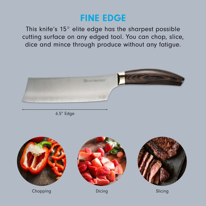 6.5 inch nakiri knife with description about fine edge and pictures of food with phrases underneath displayed on a grey background