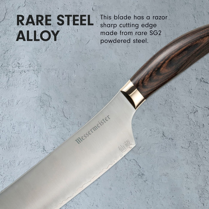 6.5 inch nakiri knife with description about rare steel alloy displayed on a clay, grey background