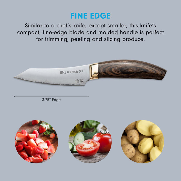 3.75 inch paring knife with description about fine edge and pictures of food displayed on a grey background