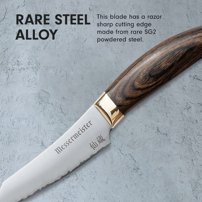 3.75 inch paring knife with description about rare steel alloy displayed on a clay, grey background