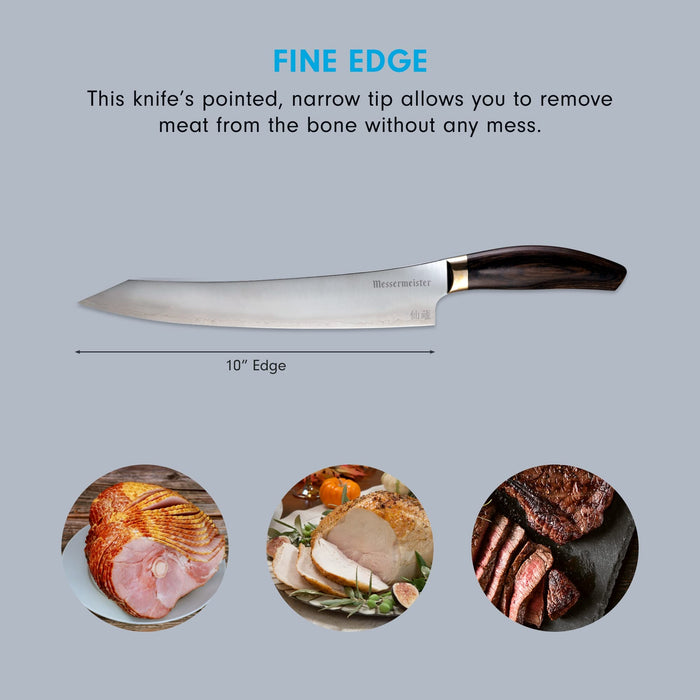 10 inch slicing knife with description about fine edge and pictures of food displayed on a grey background