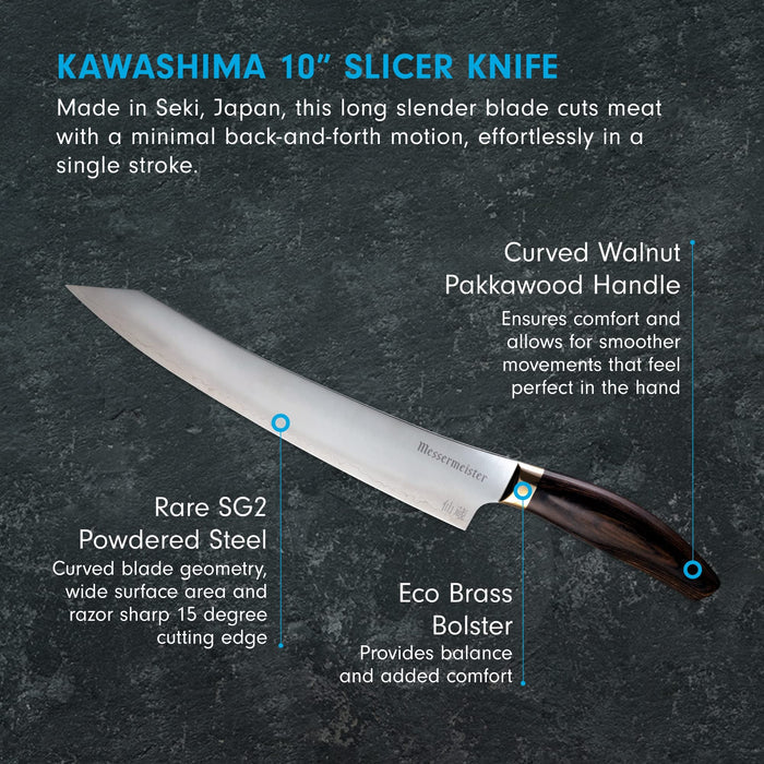 10 inch slicing knife with description on a black background