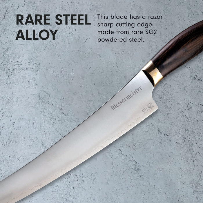 10 inch slicing knife with description about rare steel alloy on a clay, grey background