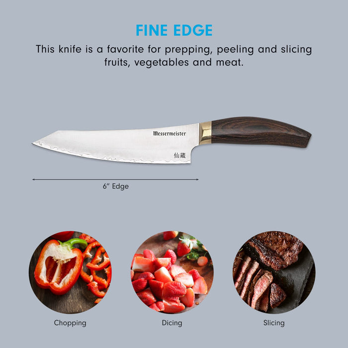 6 inch utility knife with description about fine edge and pictures of food with phrases underneath displayed on a grey background