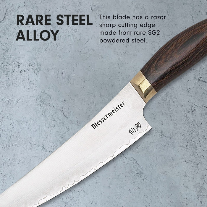 6 inch utility knife with description about rare steel alloy displayed on a clay, grey background