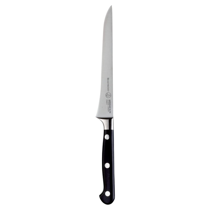Boning knife with black handle on a white background
