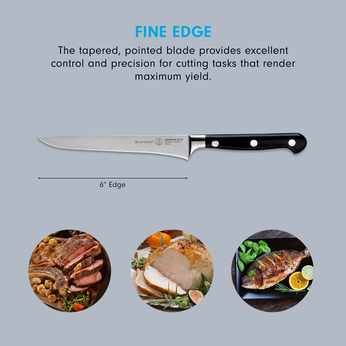 6 inch boning knife with description about fine edge and pictures of food displayed on a grey background