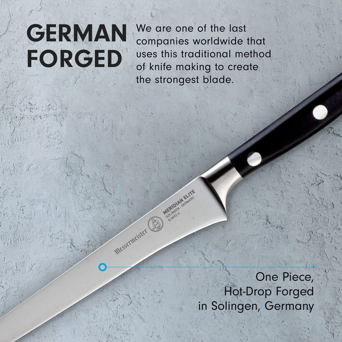 6 inch boning knife with description about being German forged displayed on a clay, grey background