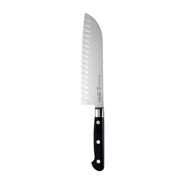 Serrated knife with a black handle on a white background