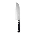 Serrated knife with a black handle on a white background