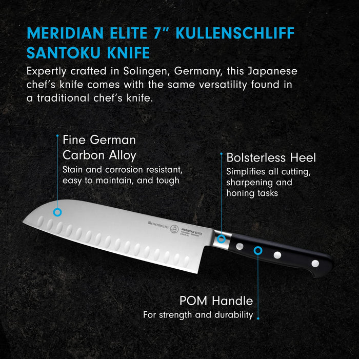 7 inch santoku knife with description displayed on a black background