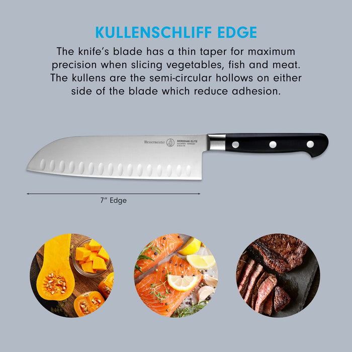 7 inch santoku knife with description of kullenschliff edge and pictures of food displayed on a grey background