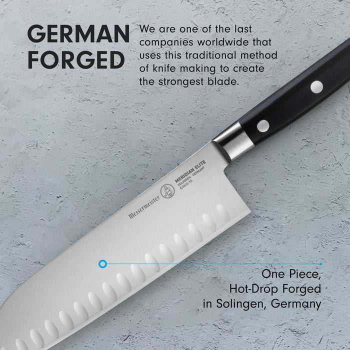 7 inch santoku knife with description of being German forged on a clay, grey background