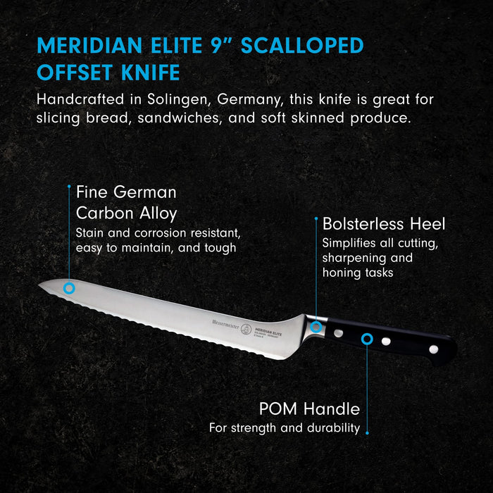 8 inch bread knife with description on a black background