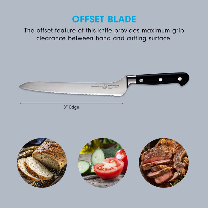 8 inch bread knife with description of offset blade and pictures of food on a grey background