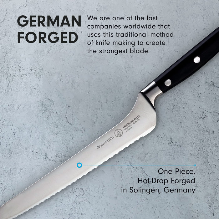8 inch bread knife with description of being German forged on a clay, grey background
