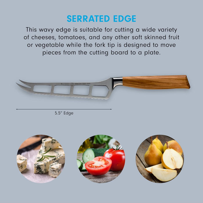 Cheese knife with wooden handle on a gray background with text about its features and uses.