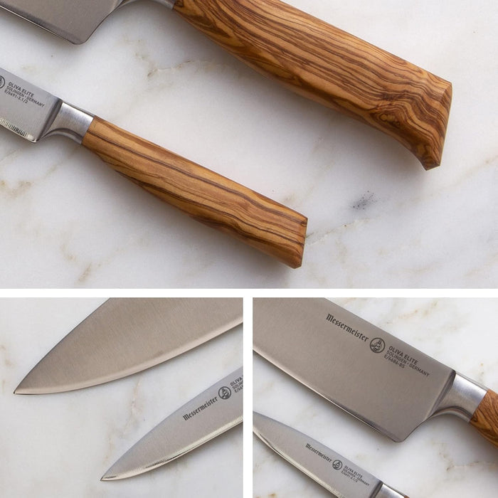 Collage of knives with wooden handles on a marble surface