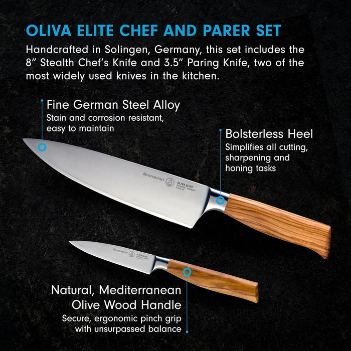 Oliva Elite Chef and Parer knife set with text on a dark background