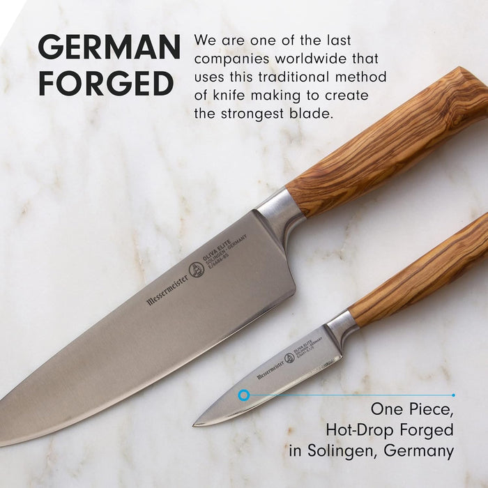 Two knives with wooden handles on a marble surface, highlighting German forging technology.