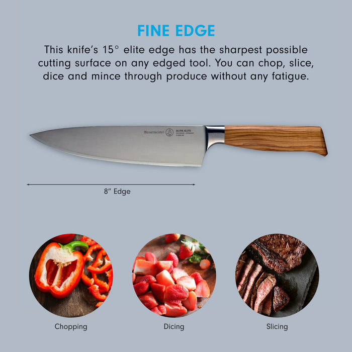8 inch chef knife with description of fine edge and pictures of food with phrases underneath on a grey background