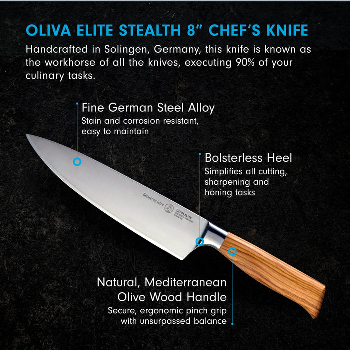 8 inch chef knife with description displayed on a black background