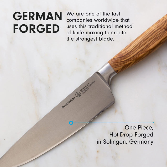 8 inch chef knife with description about being German forged displayed on a marble surface