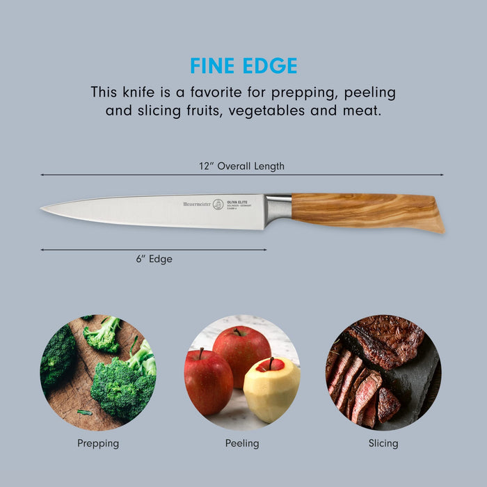 6 inch utility knife with description of fine edge and pictures of food with phrases underneath displayed on a grey background
