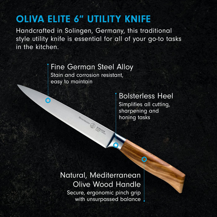 6 inch utility knife with description displayed on a black background