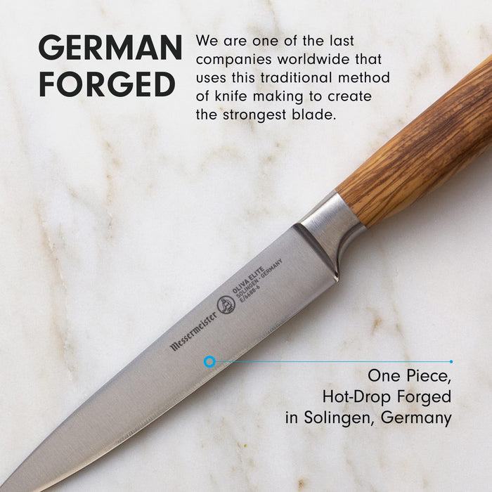 6 inch utility knife with description about being German forged displayed on a marble surface