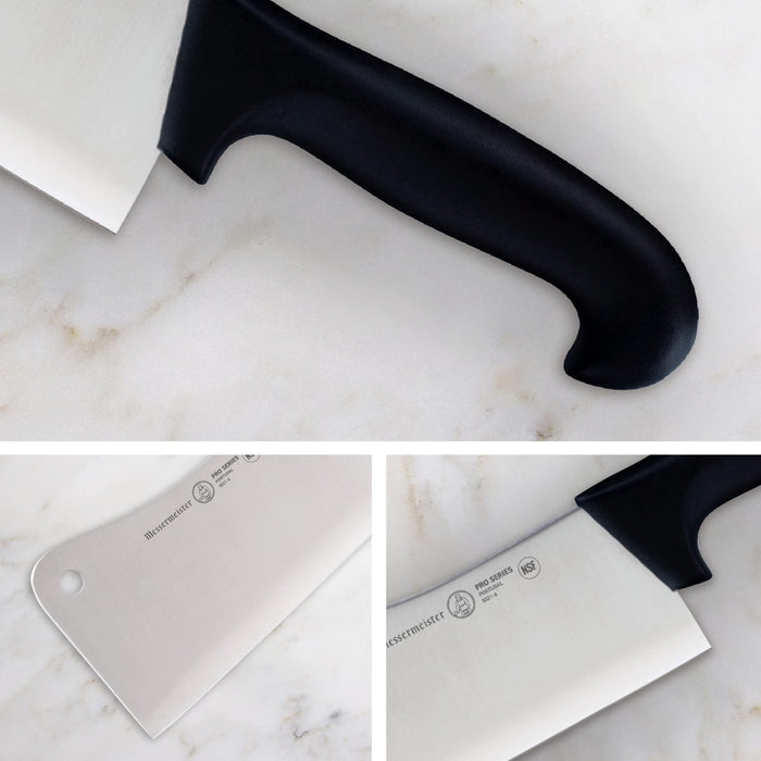 Three pictures of knife blade, knife handle, and knife hilt displayed on a marble background