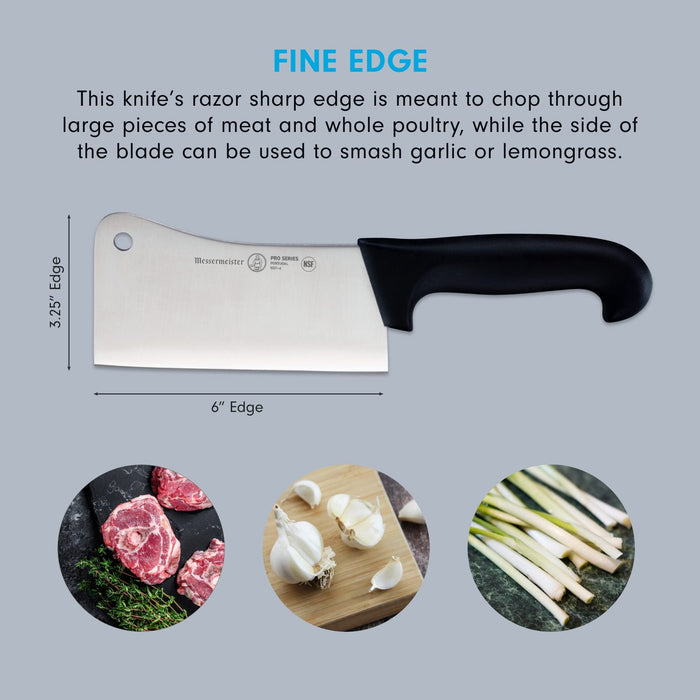 6 inch cleaver with description of fine edge and pictures of food displayed on a grey background