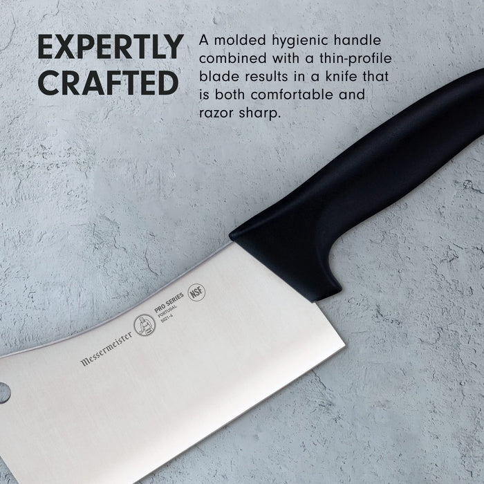 6 inch cleaver with description of expertly crafted displayed on a clay, grey background