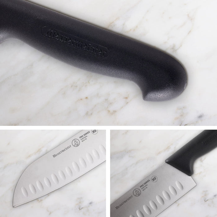 Three pictures of knife blade, knife handle, and knife hilt displayed on a marble countertop