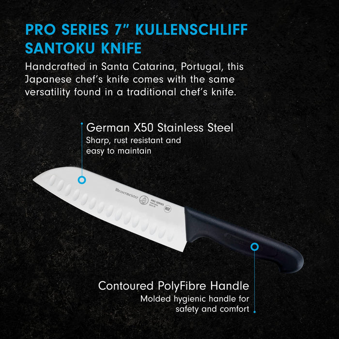 Santoku knife with description of the knife displayed on a black background