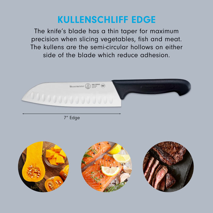 7 inch santoku knife with description of knife and pictures of food displayed on a grey background