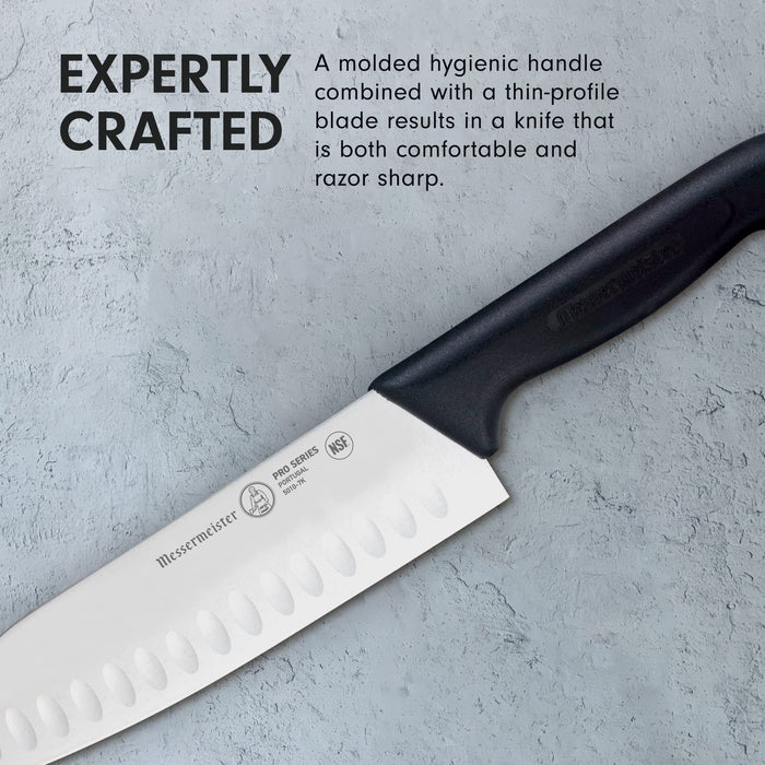 Santoku knife with expertly crafted description displayed on a clay, grey background