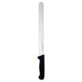 Serrated knife with black handle on a white background