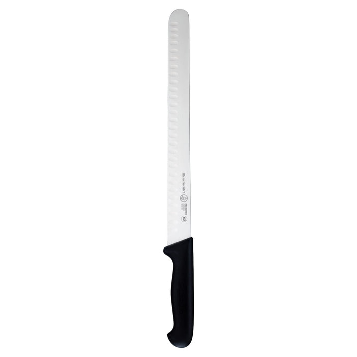 Serrated knife with black handle on a white background