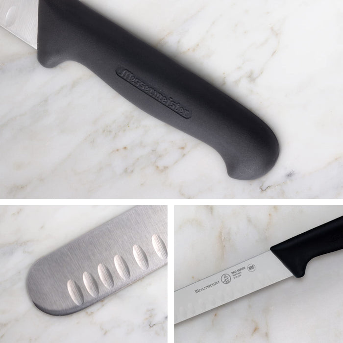 Three pictures of knife blade, knife handle, and knife hilt displayed on a marble countertop