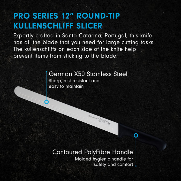 Description of 12 inch carving slicing knife displayed on a black background