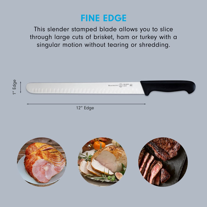 12 carving slicing knife with description of fine edge and pictures of food displayed on a grey background
