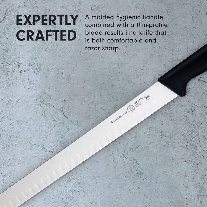 12 inch carving slicing knife with description of expertly crafted displayed on a clay, grey background