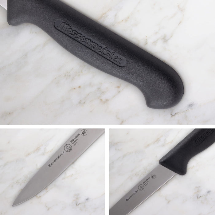 Three vies of knife blade, knife handle, and knife hilt displayed on marble countertop
