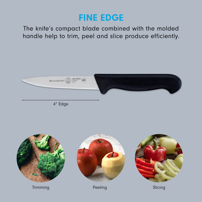 4 inch paring knife with description of fine edge and pictures of food with trimming, peeling, and slicing under pictures displayed on a grey background