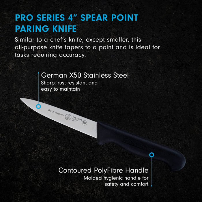 4 inch paring knife with descriptions of knife on a black background